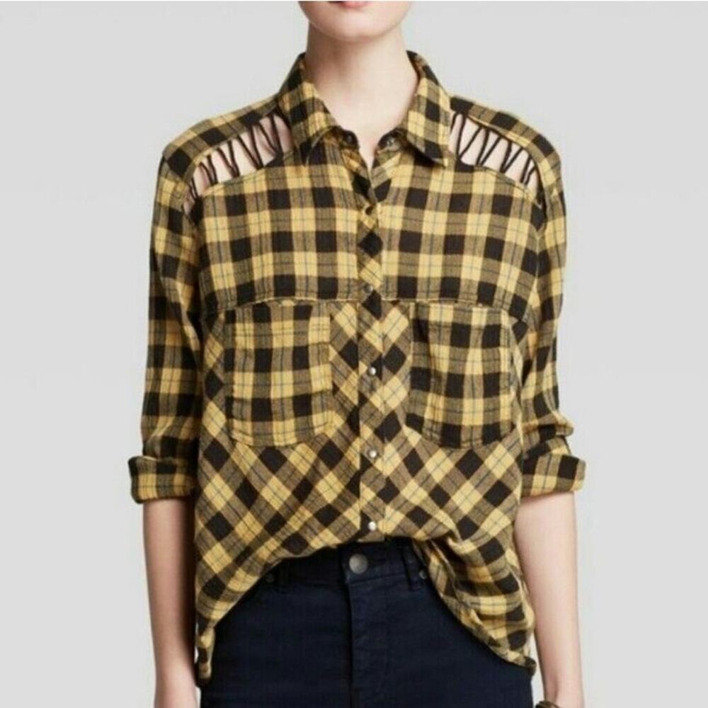Free People Yellow Plaid Flannel Shirt Cutout Shoulder Design Size XS
